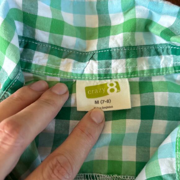 Crazy 8 Boys Medium 7/8 Green Plaid Button Down Shirt Collared Preppy - Picture 2 of 5